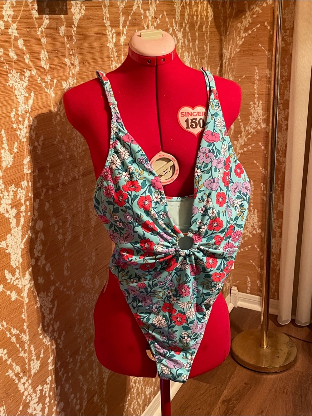Nanette Lepore Aqua Floral Twist-Ring One-Piece with Red & Pink Flowers